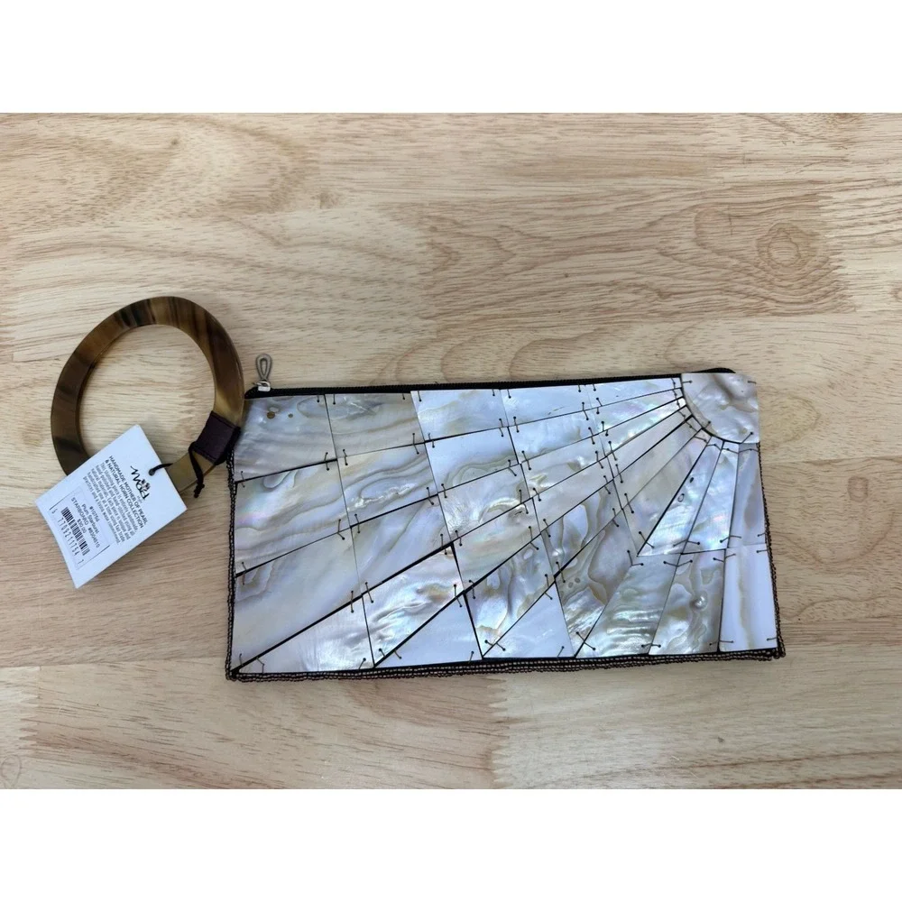 NEW Vintage Mother of Pearl MAD Handbag Sea Cove Bead Handle Horn Clutch #25